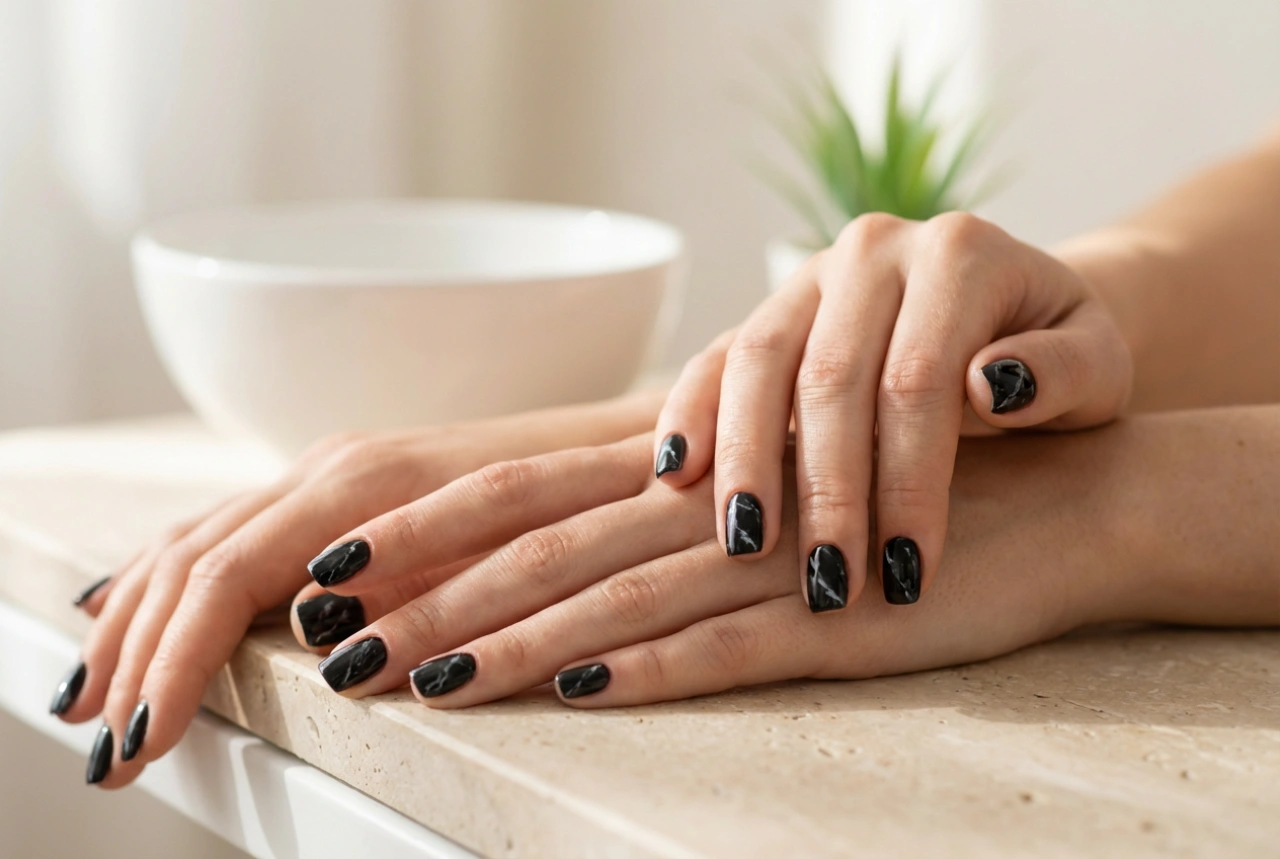 Unhas de mármore preto: duas técnicas de pintura e fixação do design
