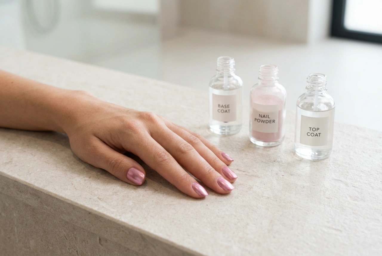 Unhas rosa metálico passo a passo: bases, pós e top coat