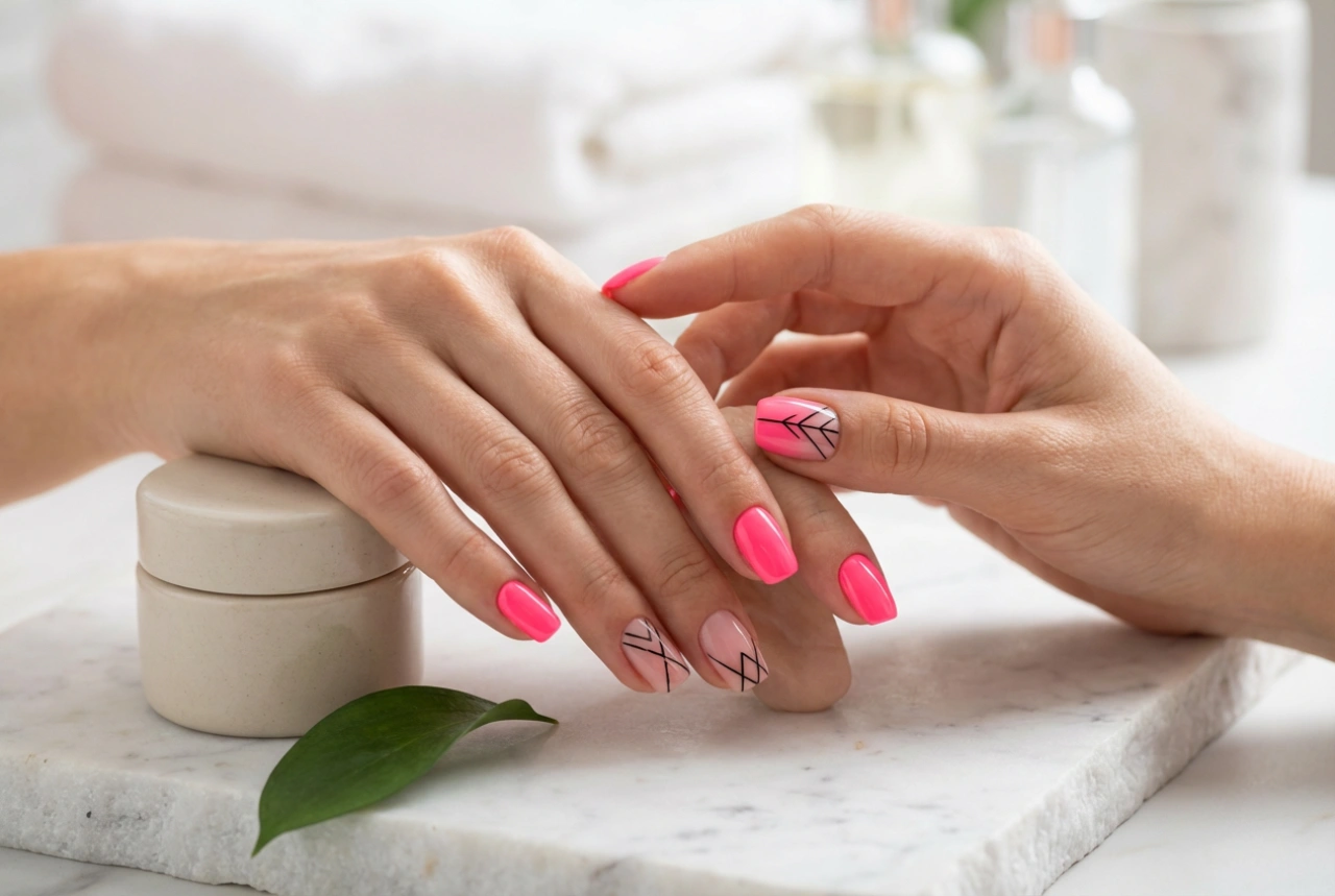 Unhas rosa neon com preto: decorações contrastantes passo a passo