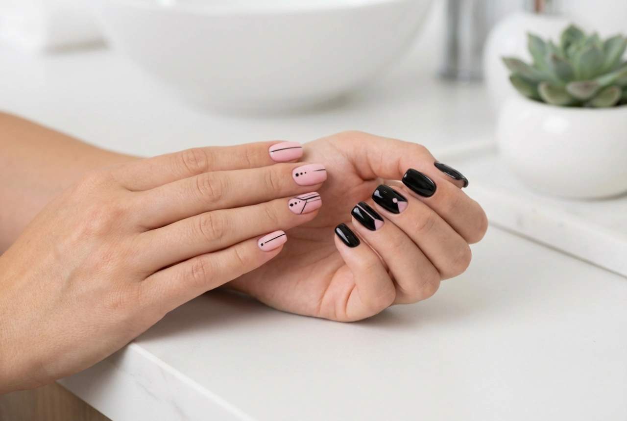 Unhas rosa e preta: ideias de contrastes e técnicas simples