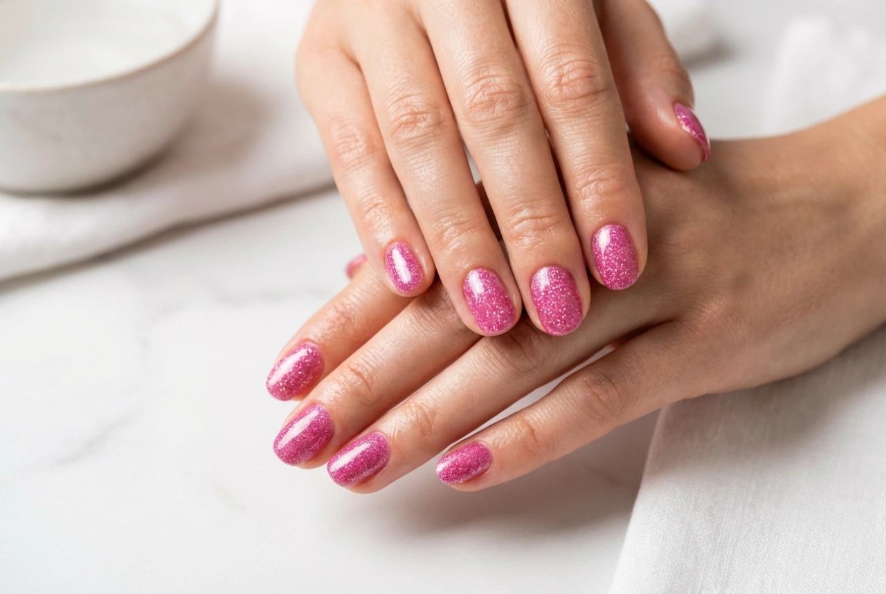 Unhas de glitter rosa: cobertura uniforme e acabamento brilhante
