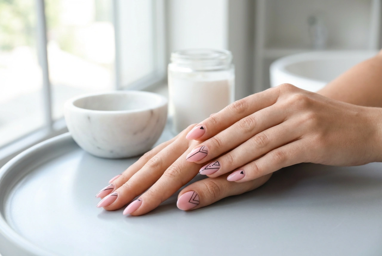 Unhas rosas com preto: padrões geométricos e linhas precisas
