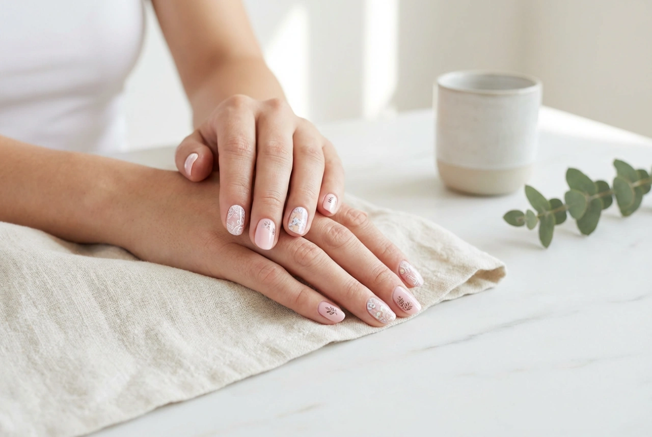 Unhas cor-de-rosa com flores: carimbos, adesivos e pintura manual