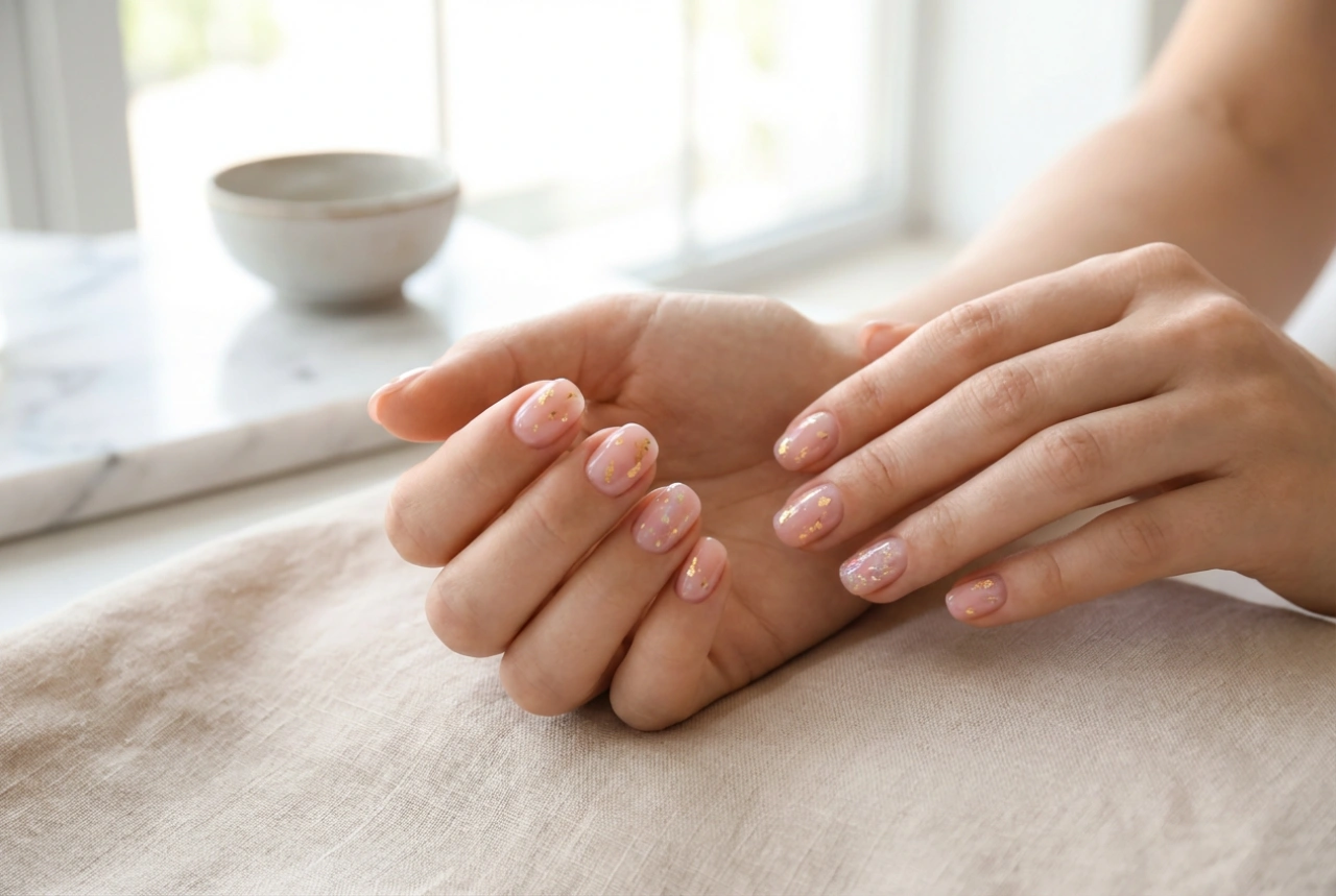 Unhas rosa com dourado: folhas delicadas, flocos e top coat transparente