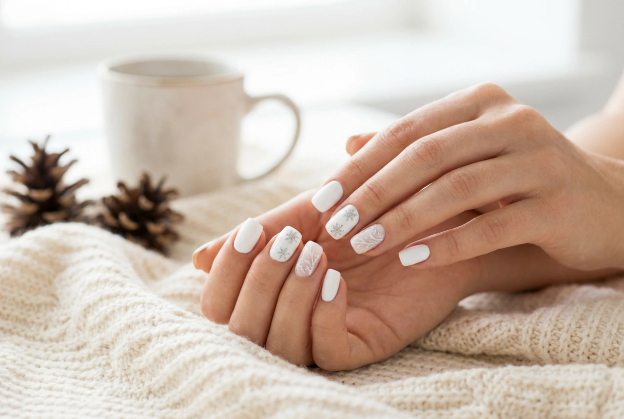 Como fazer unhas brancas de Natal: designs, decorações e brilho
