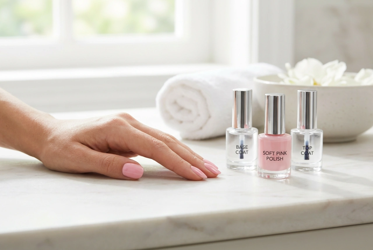 Unhas de gel rosa passo a passo: base, cor e top coat