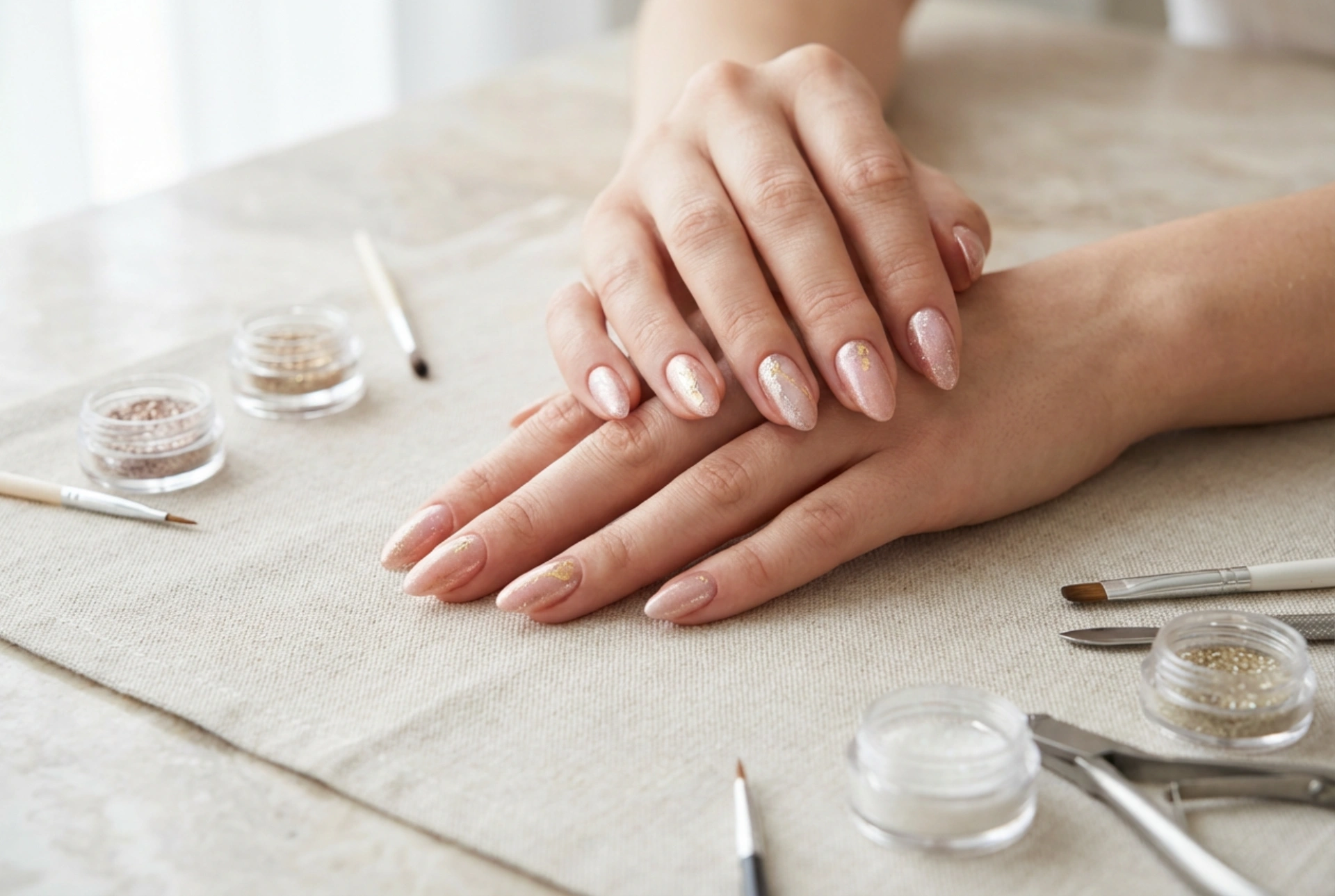 Unhas rosa gold: brilho delicado, folhas e pós metalizados