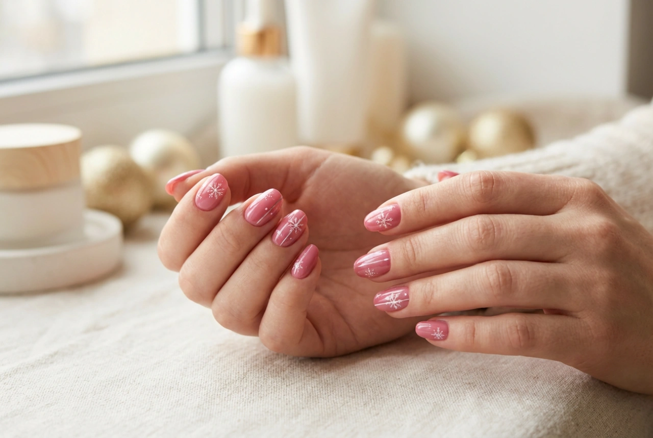 Festas em rosa: unhas de Natal cor-de-rosa com desenhos simples