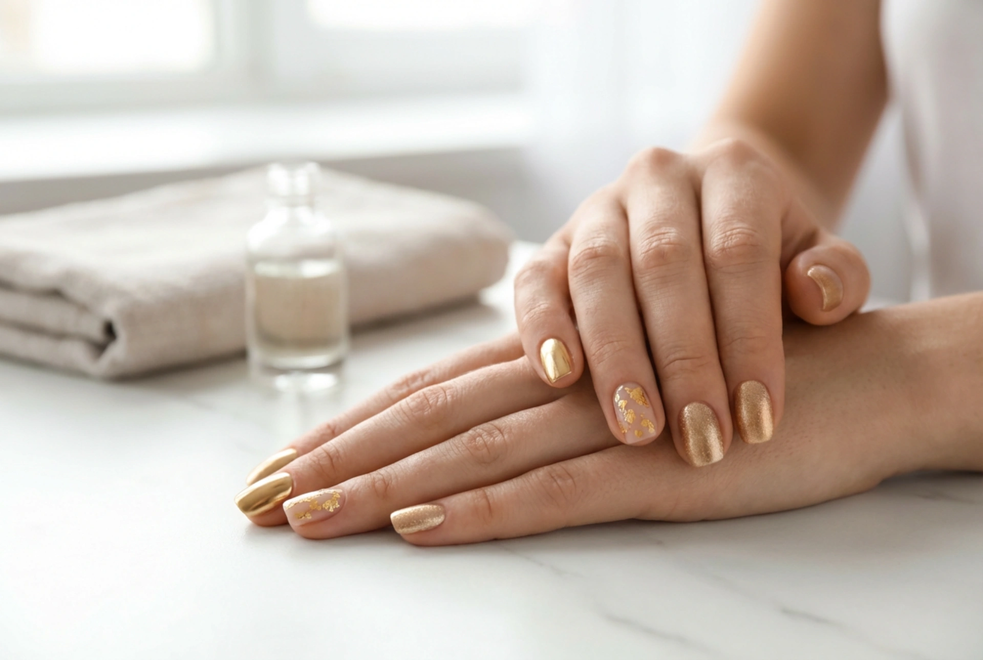 Unhas Douradas de Várias Formas: Pó, Folhas de Transferência e Esmalte Metálico