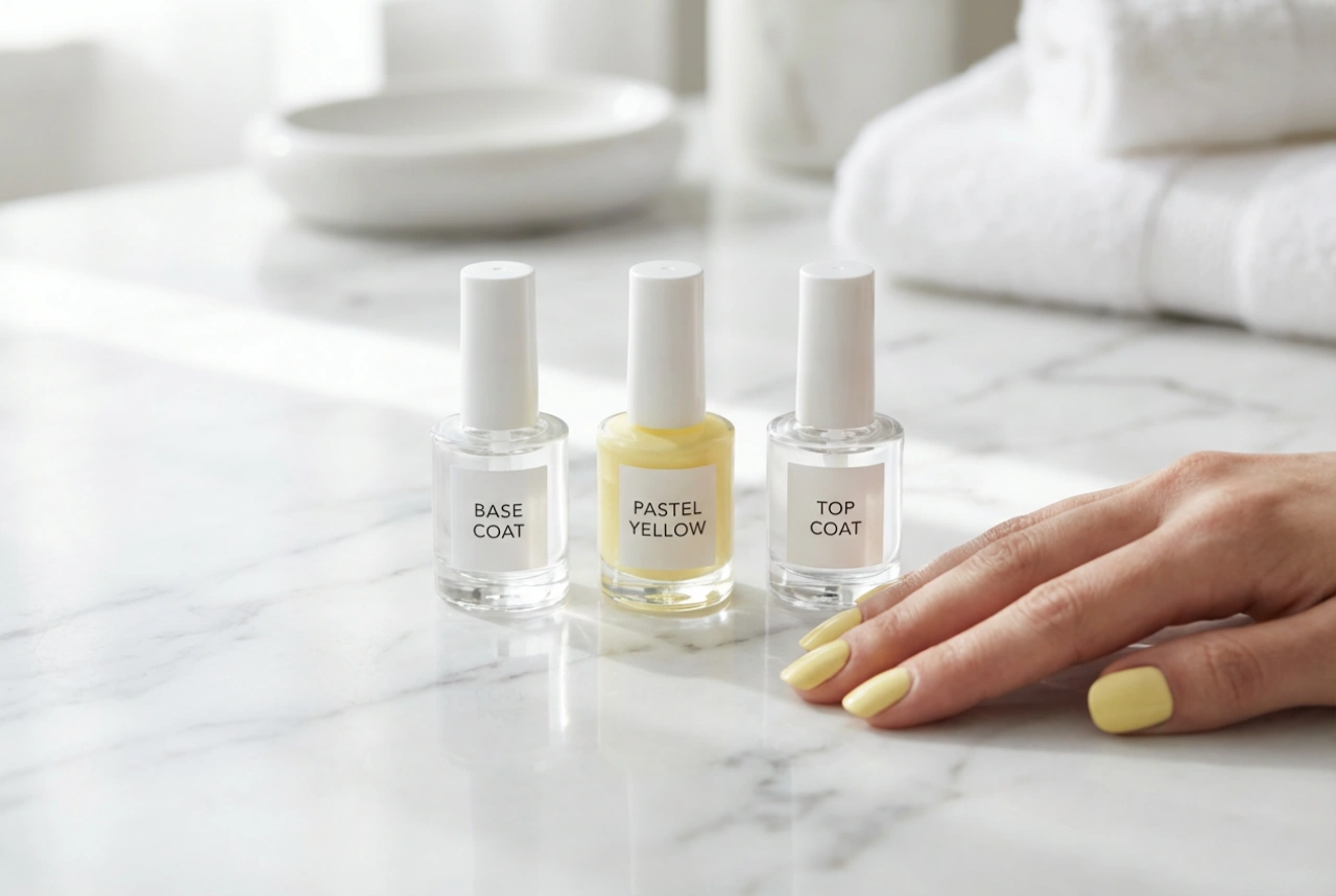 Unhas amarelo pastel sem manchas: a importância da base, camadas e finalização