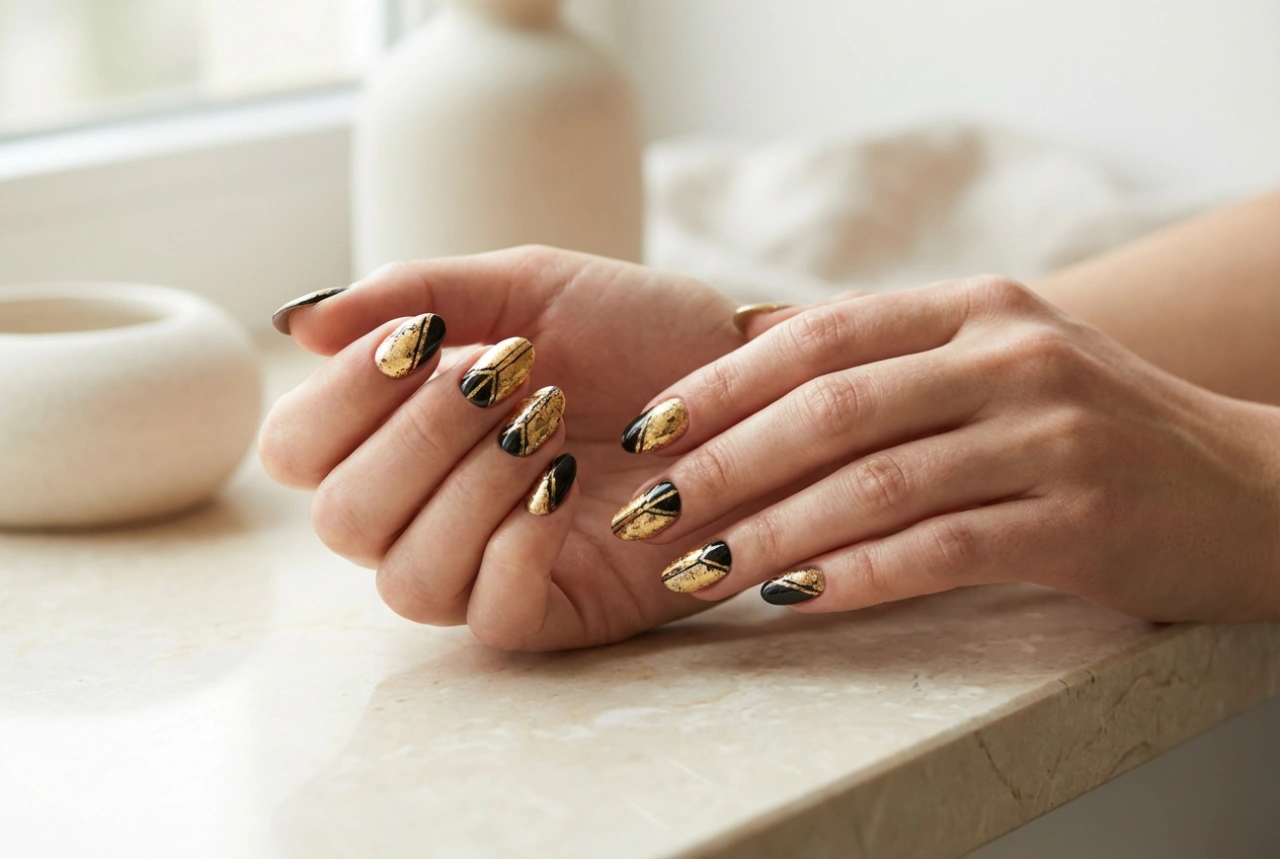 Unhas douradas e pretas: estilos contrastantes passo a passo