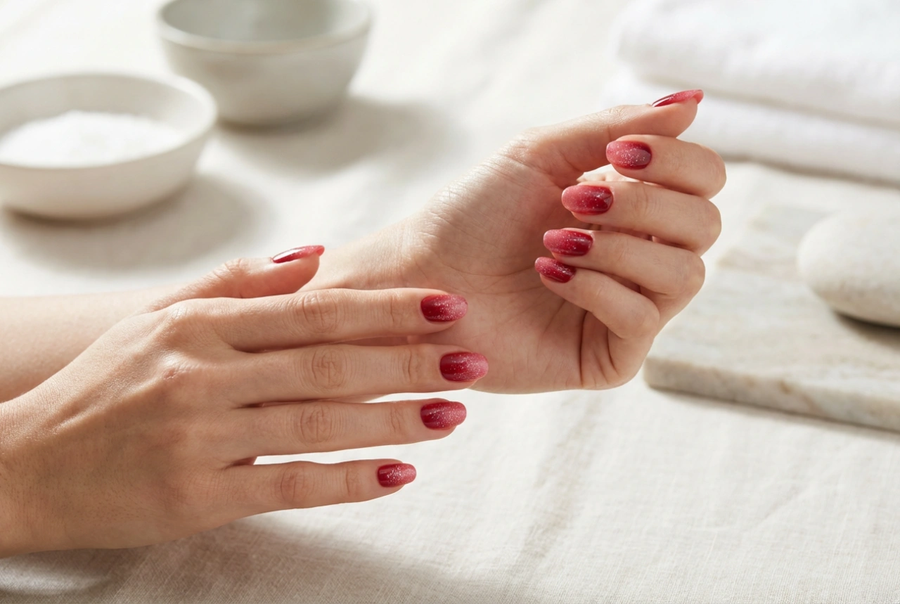 Unhas ombré vermelhas com glitter: transições suaves e brilho sem bagunça