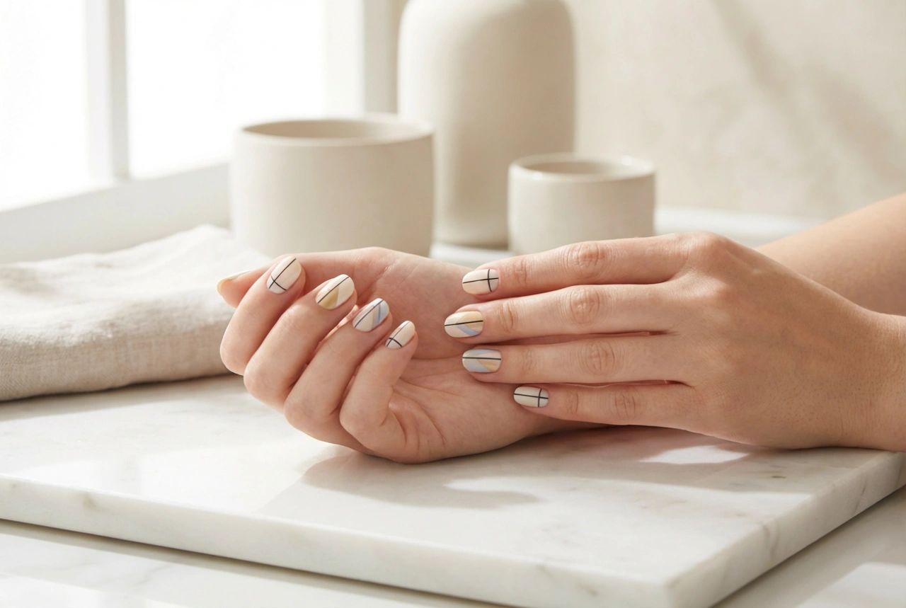 Designs geométricos para unhas: fitas, carimbos e pintura à mão livre