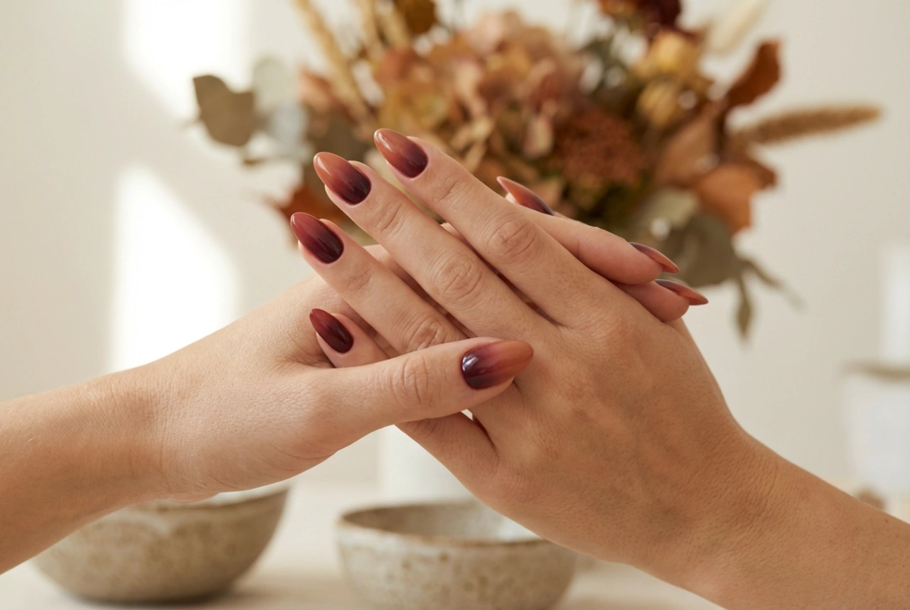 Ombré de outono nas unhas: paleta de cores, sombreamento e acabamento