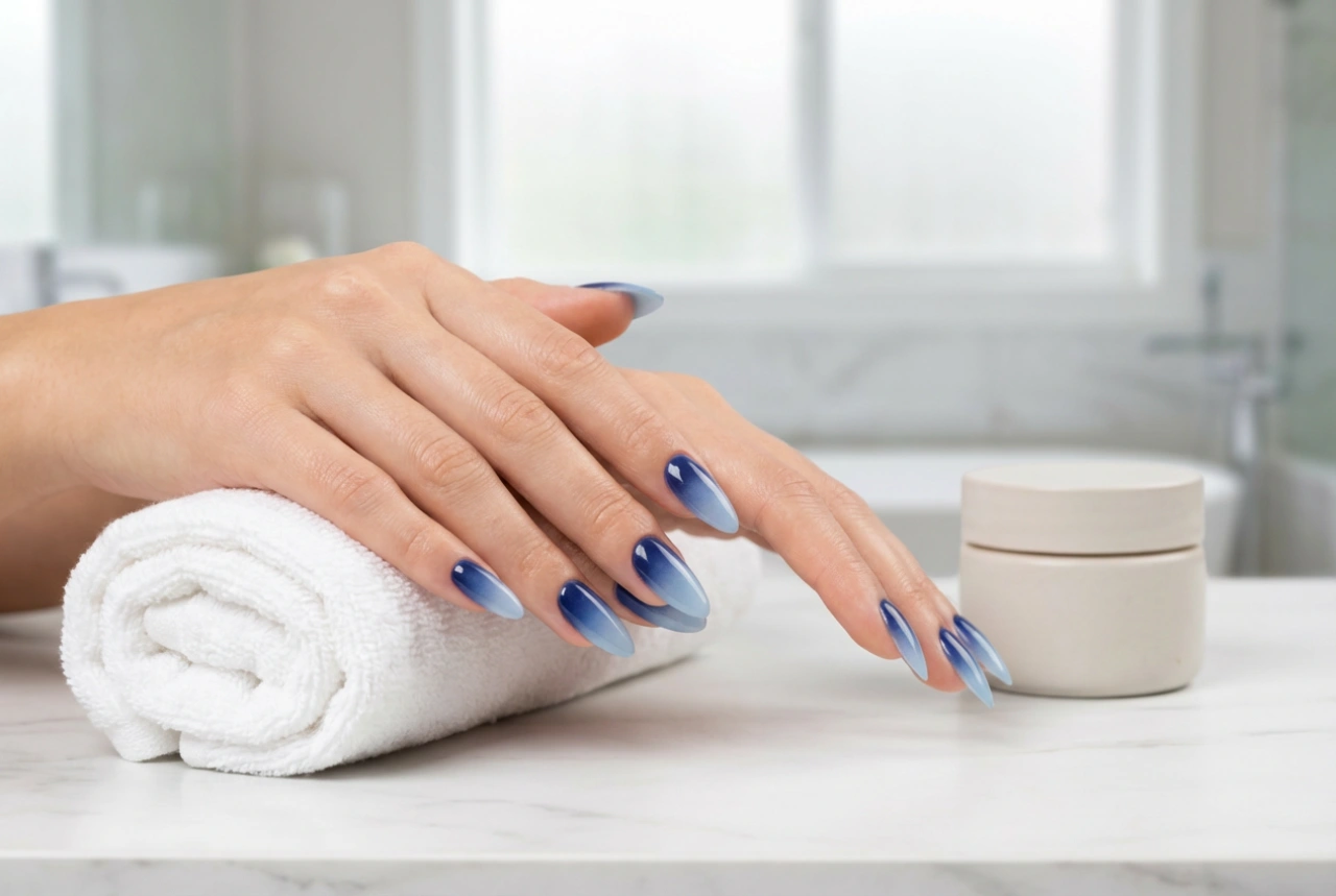 Unhas de ombre azul-marinho: degradê noturno em tons frios