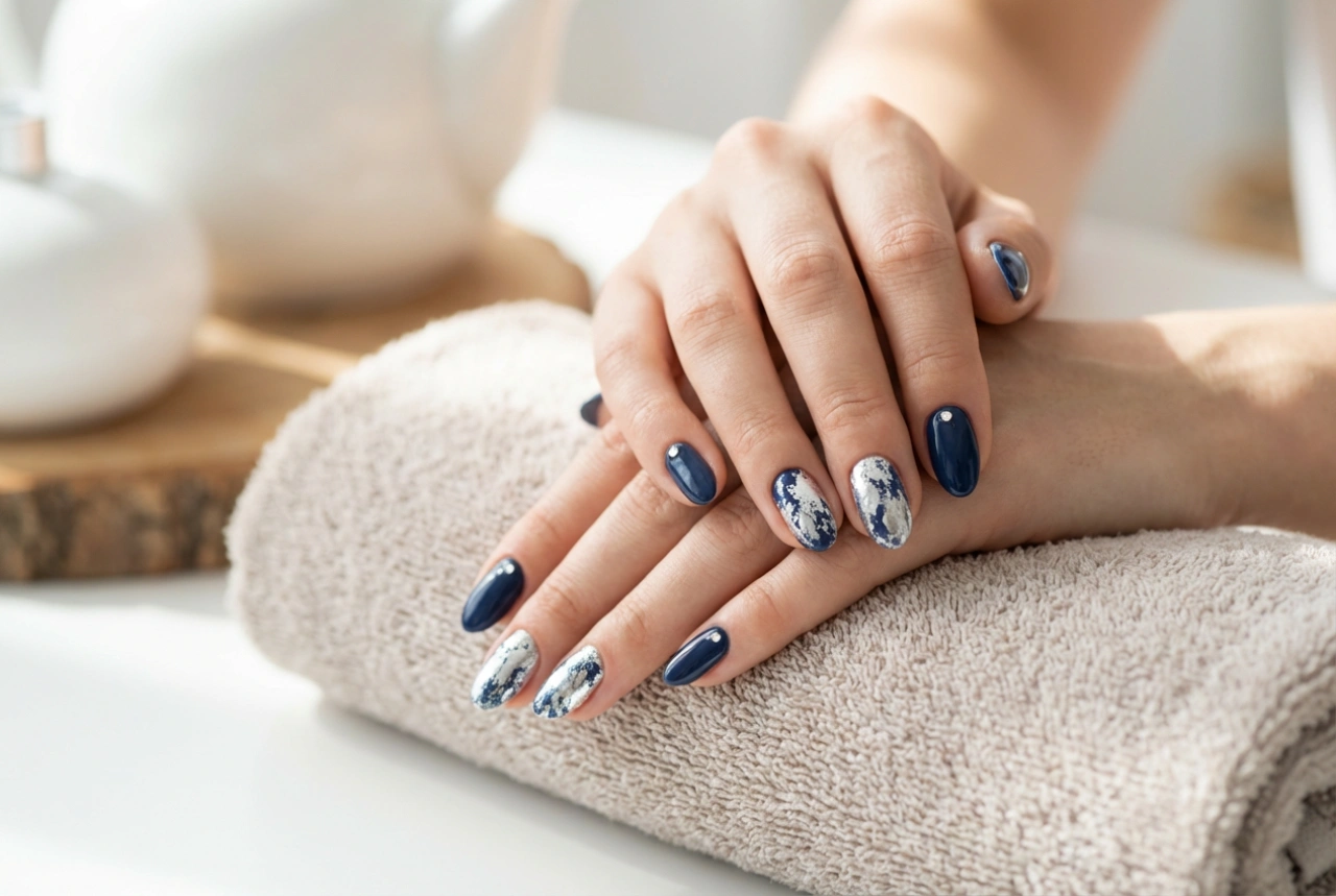 Unhas azul-marinho e prata: detalhes prateados, folhas de brilho e pedrarias