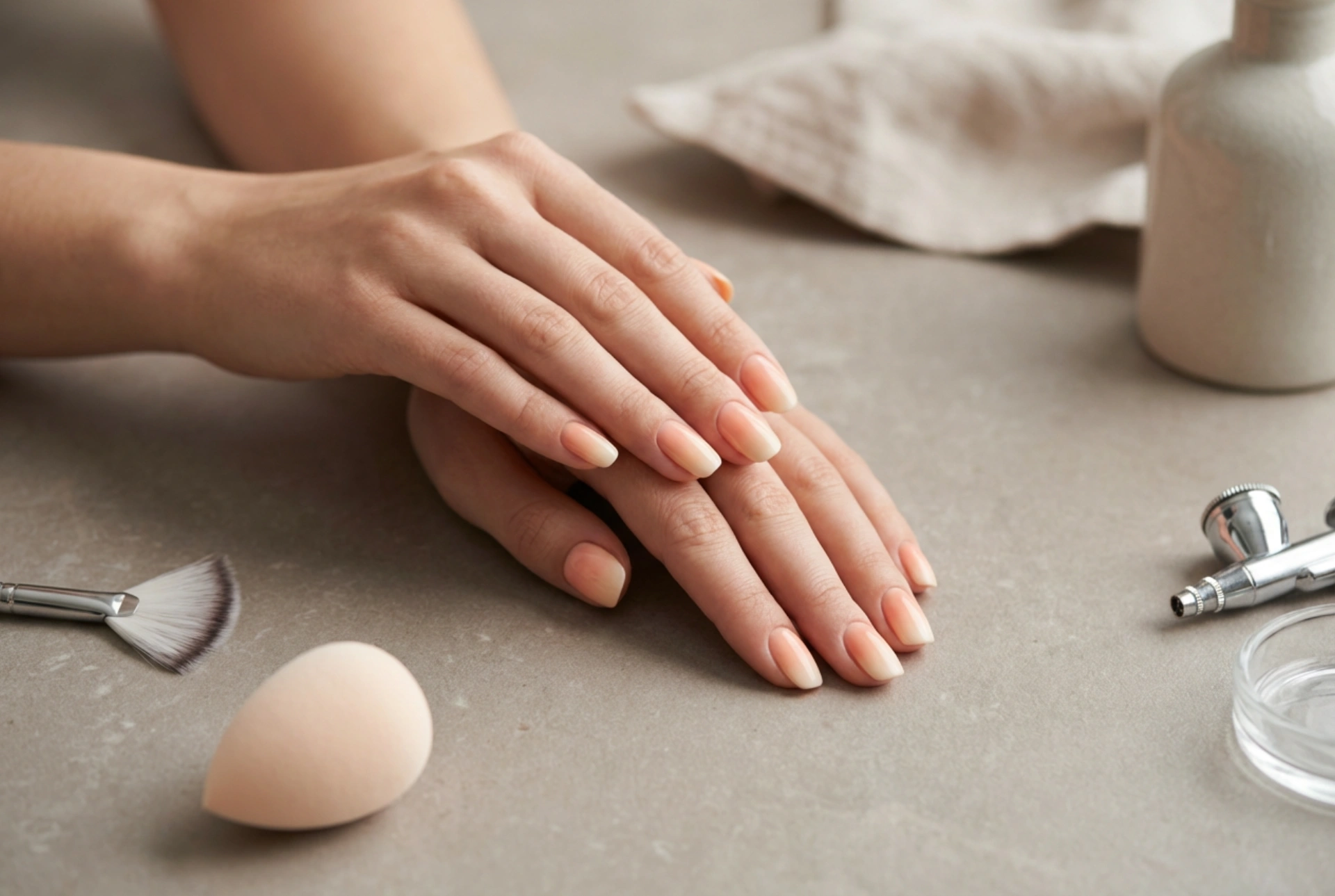 Unhas de gel ombre: esponja, aerógrafo e pincel leque