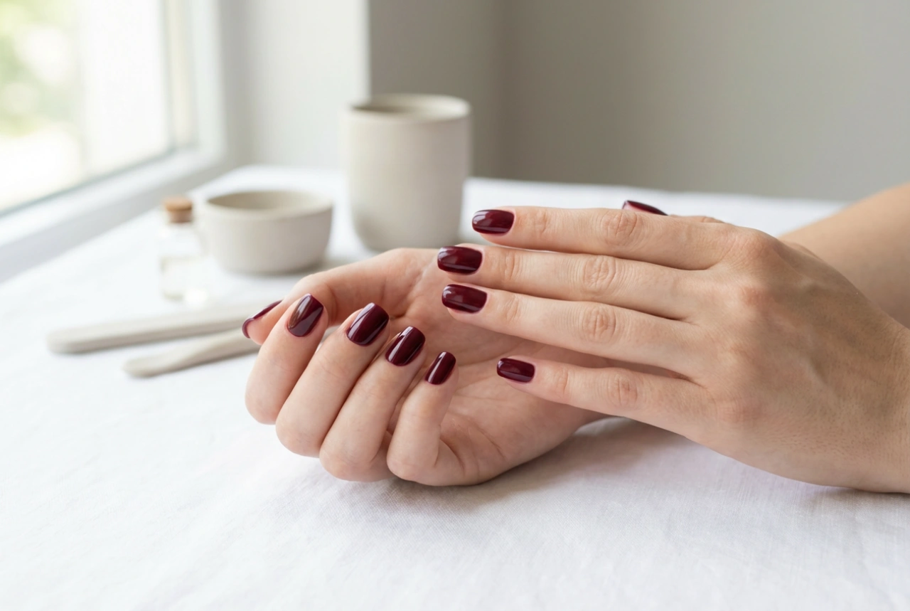 Esmalte em gel bordô sem manchas: técnica de camadas e bordas perfeitas