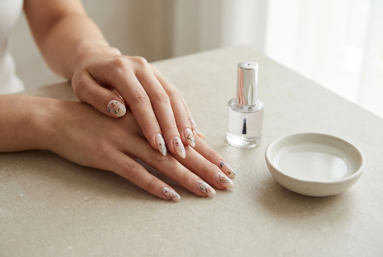 Adesivos de água para unhas: como molhar, aplicar e proteger com top coat