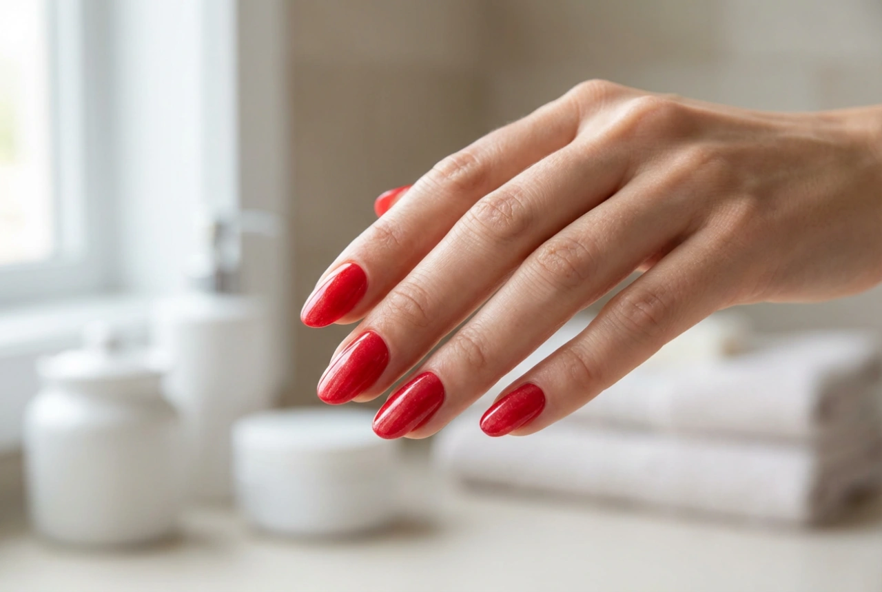 Unhas vermelhas com pó: passo a passo para um efeito de superfície brilhante