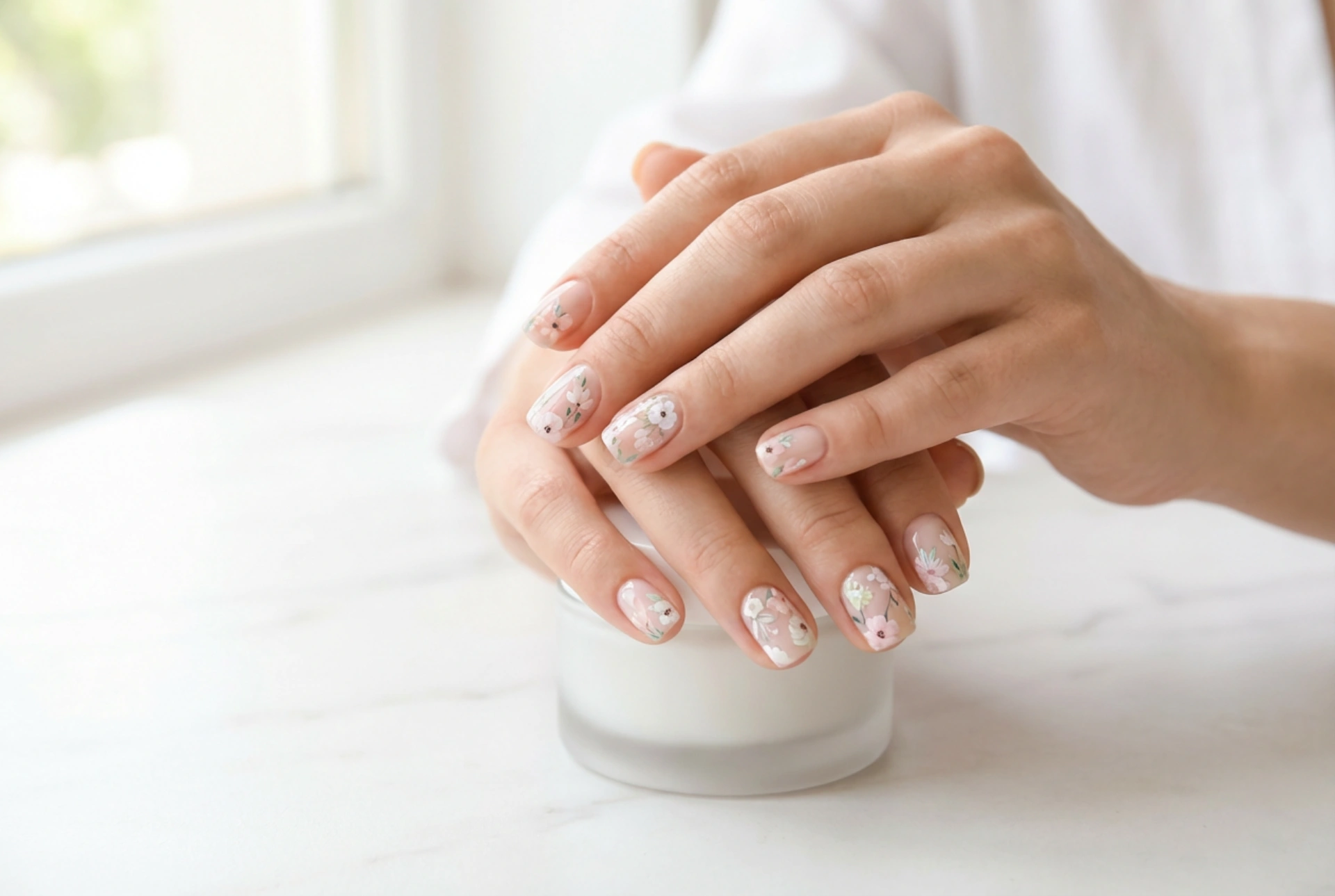 Adesivos de flores para unhas: composições, fundo e proteção com top coat