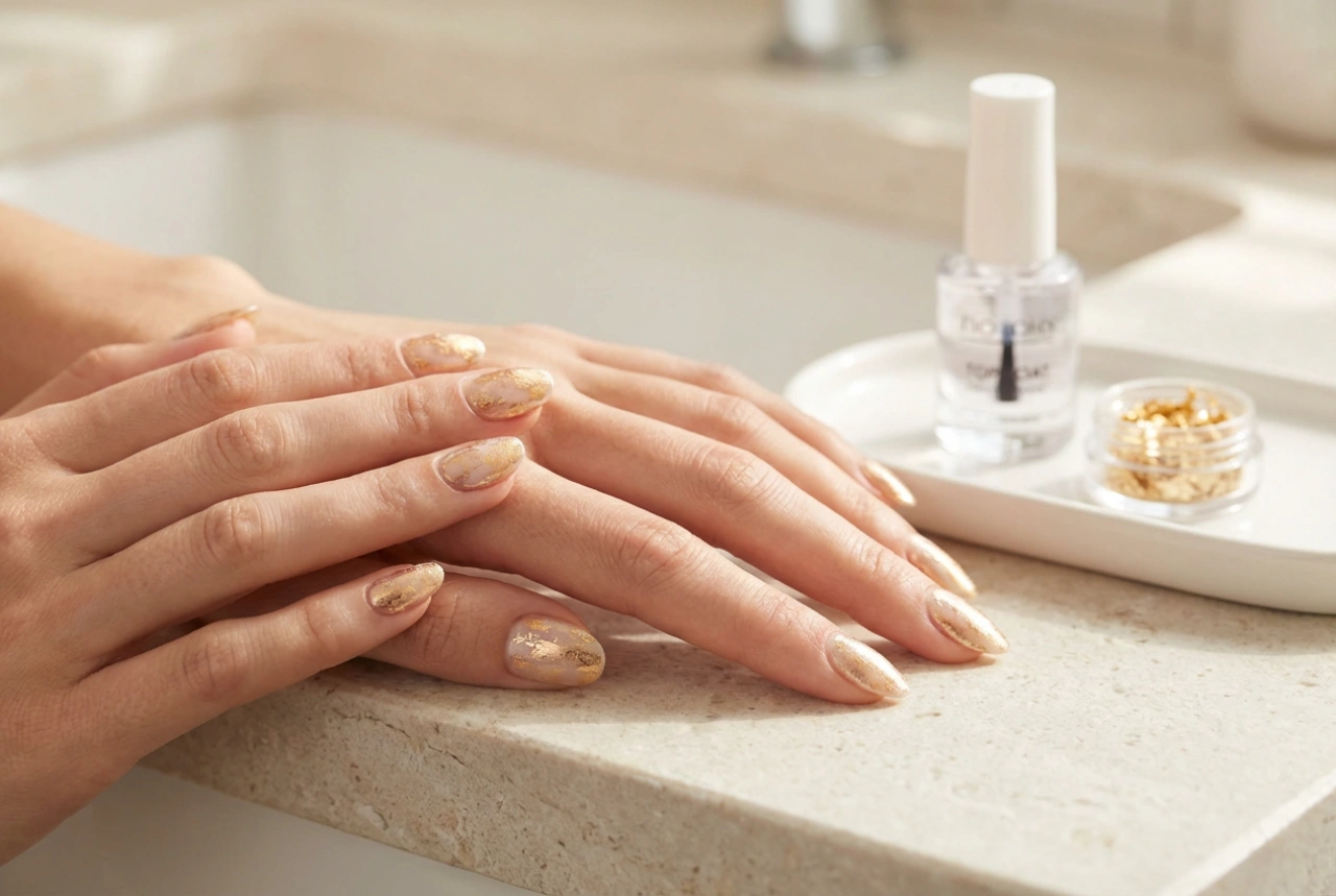 Folha de ouro nas unhas: como obter o efeito, colas e finalização com top coat