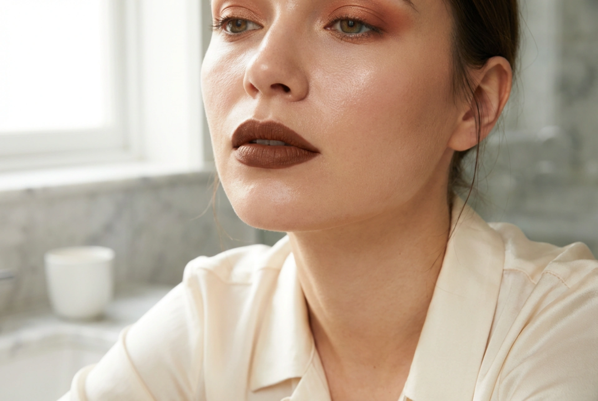 Batom marrom: combinações modernas com maquiagem dos olhos e pele